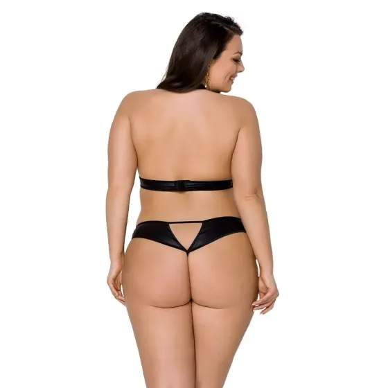 Комплект із екошкіри Passion MALWIA SET with Open Bra 6XL/7XL black, топ та трусики з люверсами Львів
