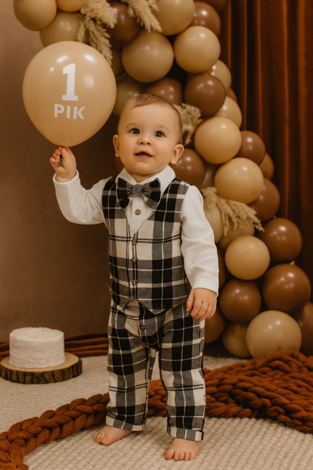 Святковий костюм для хлопчика теплий в коричневу клітинка (сорочка+жилетка+штани+метелик) Кам'янець-Подільський - фото 1