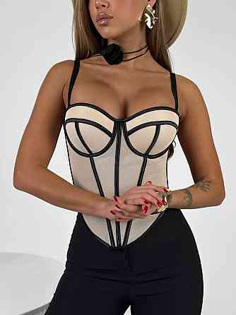 Женский стильный романтичный корсет легкая сетка + атласные вставки Кремовый, 42 Одесса