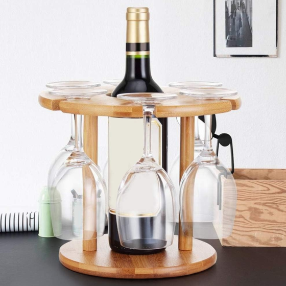 Тримач для пляшки вина та келихів 6 штук бамбукова стійка підставка настільна для винних келихів, 32х24,5 см Кам'янець-Подільський