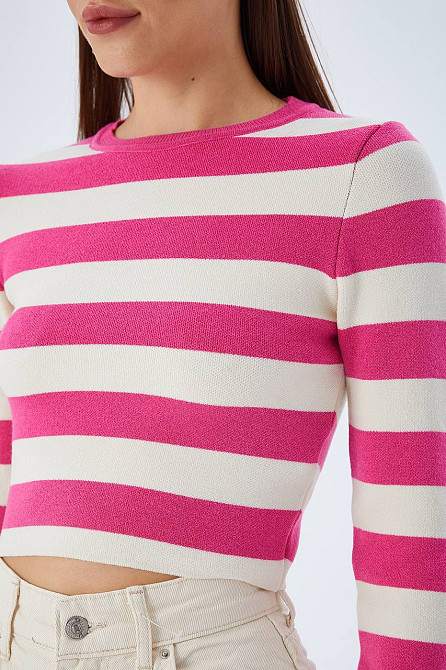 Светр жіночий MIX RAY 6644 короткий смуга кроптоп лонгслив one size, рожевий, one size Київ - фото 2