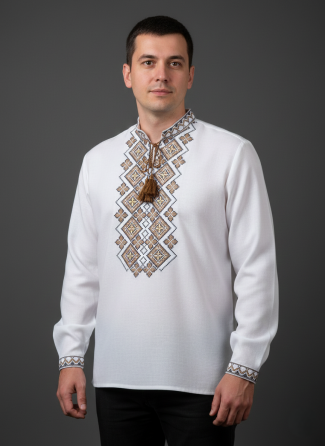 Чоловіча сорочка-вишиванка коричнево-гірчичний орнамент на довгий рукав Київ