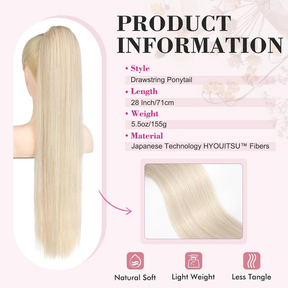 Накладний хвіст довгий прямий світлий блонд 71 см, шиньйон на шнурку з термостійкого синтетичного волосся REECHO Київ - фото 2