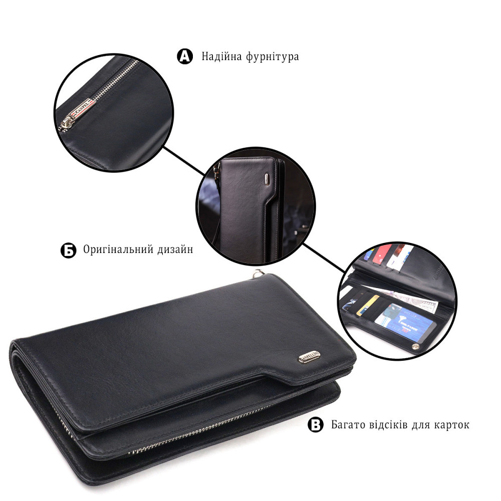 Практичное портмоне клатч из натуральной гладкой кожи Черное (CANPELLINI) Киев - изображение 8