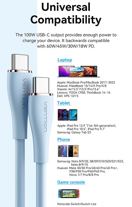 Кабель USB 2.0 Type-C M-M, 1.0 м 100W Light Blue Silicone Vention Вінниця - фото 7