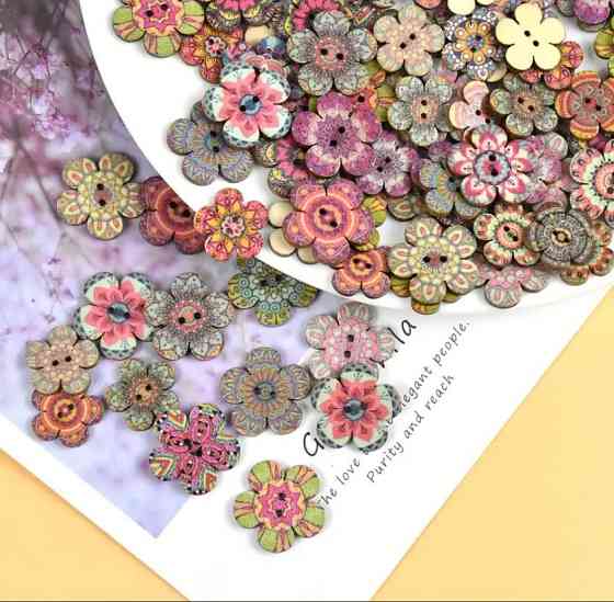 Дерев'яні гудзики квітки мікс 50 шт для декору та рукоділля Київ