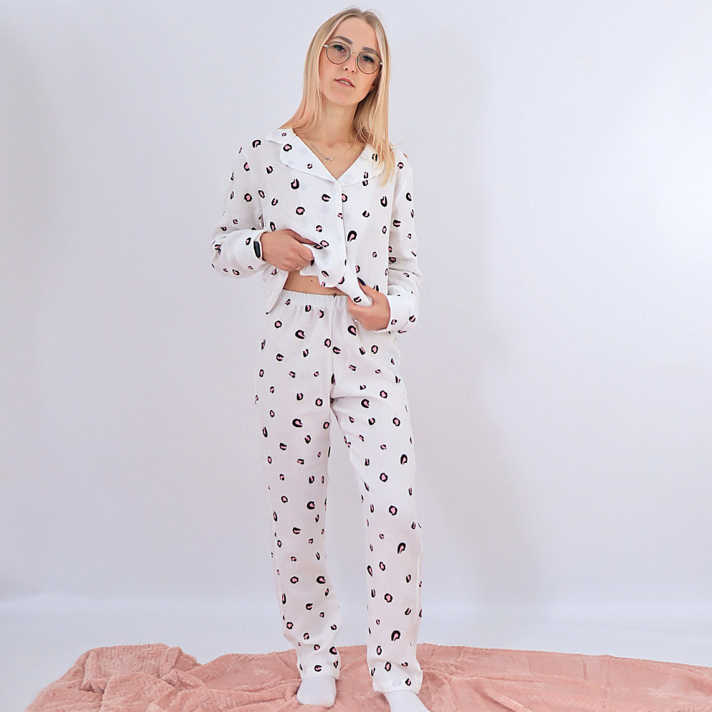 Муслінова жіноча піжама біла з леопардовим принтом сорочка + штани 52/54 Кам'янець-Подільський - фото 1
