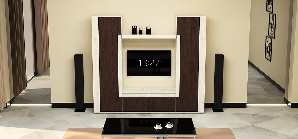 Стенка в гостиную под ТВ Эхо-4, Дуб Крафт Белый/Венге Магия, 2080х420х1850 Львов - изображение 1