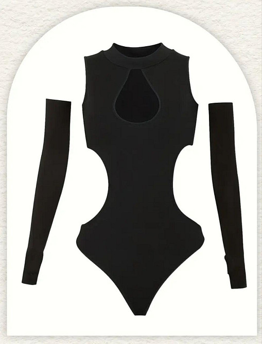 Женское боди с длинными рукавами и фигурными вырезами М черный Киев - изображение 3