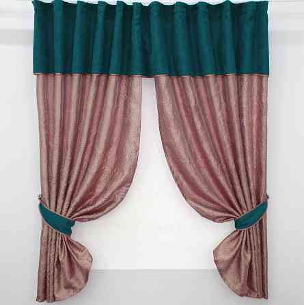 Кухонные шторы VR-Textil № 073к с ламбрекеном и подхватами розово-золотистый с темно-бирюзовым 280х170 см (52-0367) Киев