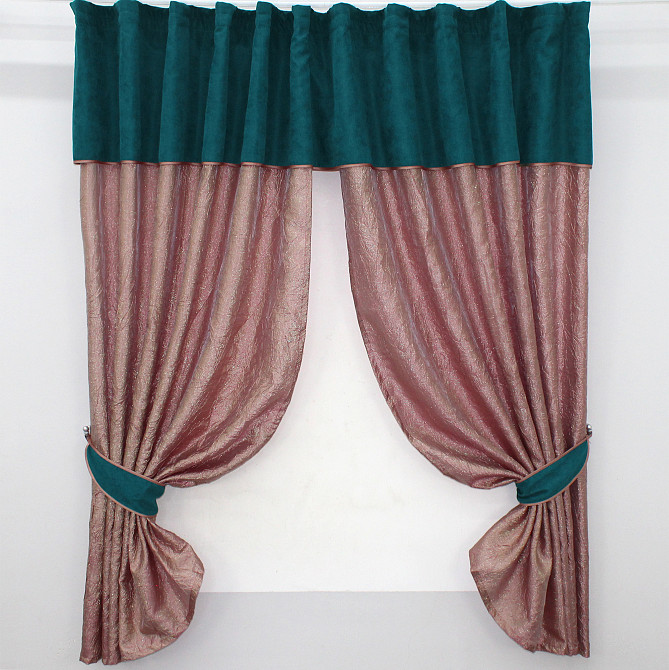 Кухонные шторы VR-Textil № 073к с ламбрекеном и подхватами розово-золотистый с темно-бирюзовым 280х170 см (52-0367) Киев - изображение 1