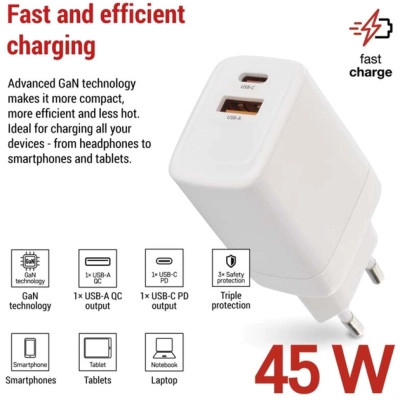 Зарядний пристрій EMOS V04G45 1xUSB-A + 1xUSB-C PD20W GaN (V04G45) Вінниця - фото 3