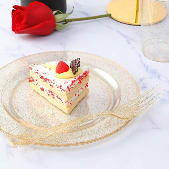 Набор тарелок пластиковые 12 штук круглые,обеденные 26 см и десертные 19 см, золотые прозрачные с блестками Каменец-Подольский