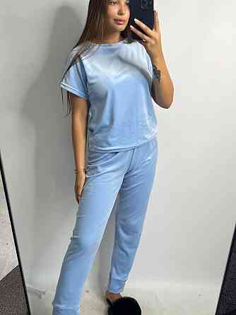 Пижама-комплект (футболка+шорти+штаны) из плюшевого велюра Голубой XL Харьков