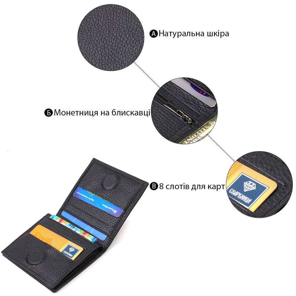 Классическое портмоне для мужчин из натуральной зернистой кожи Черное (CANPELLINI) Киев - изображение 8