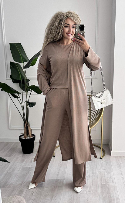 Жіночий базовий прогулянковий костюм трійка: кардиган футболка і штани трикотажний рубчик Одеса - фото 10