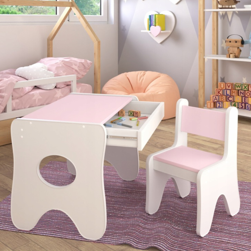 Набір дитячих меблів столик з ящиком та стільчик 70×45×51, стіл та стілець для дітей, білий з деревом 1, Рожевий, ламінована ДСП, № 1, ДСП, ДСП Київ - фото 1