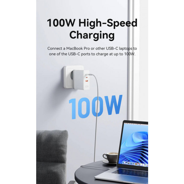 Зарядний пристрій 3xUSB 100W GaN (2хUSB-C+USB-A) білий Vention (FEGW0-EU) Киев - изображение 3