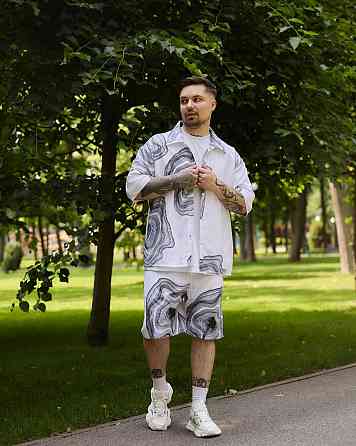 Чоловічий літній костюм сорочка з коротким рукавом і шорти літній комплект для чоловіків на літо двійка білий принт Одеса