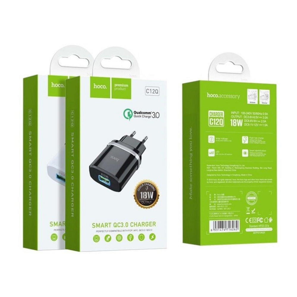 Сетевое зарядное устройство HOCO C12Q Smart QC3.0 charger, цвет черный 6931474716255 Одесса - изображение 5