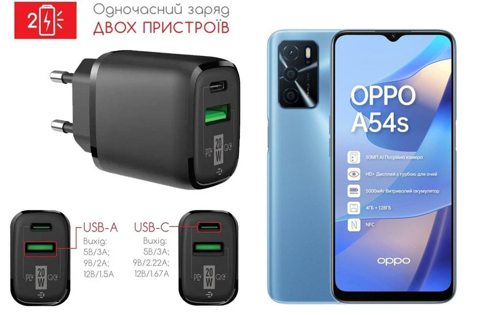 Сетевое зарядное устройство для OPPO A54, A54s, 20W 3A, Quick Charge 3.0 Киев - изображение 1