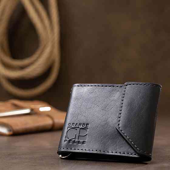 Шкіряний чоловічий затиск для грошей на магніті GRANDE PELLE 11546 Синій Київ