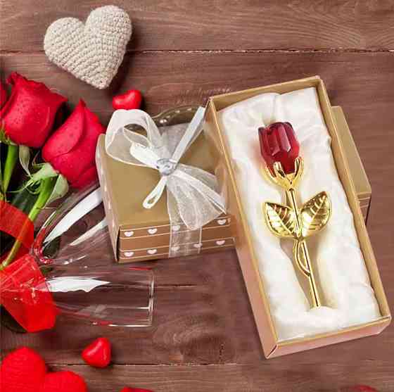 Хрустальная фигурка роза 9 см в позолоте в подарочной упаковке красная Киев