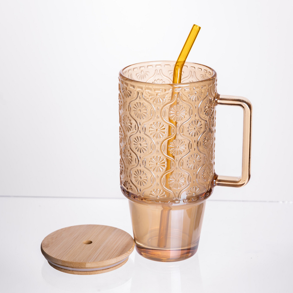 Yiwu Скляна чашка з кришкою і трубочкою 750 мл Коричнева HP-19-50NR Коломия - фото 2