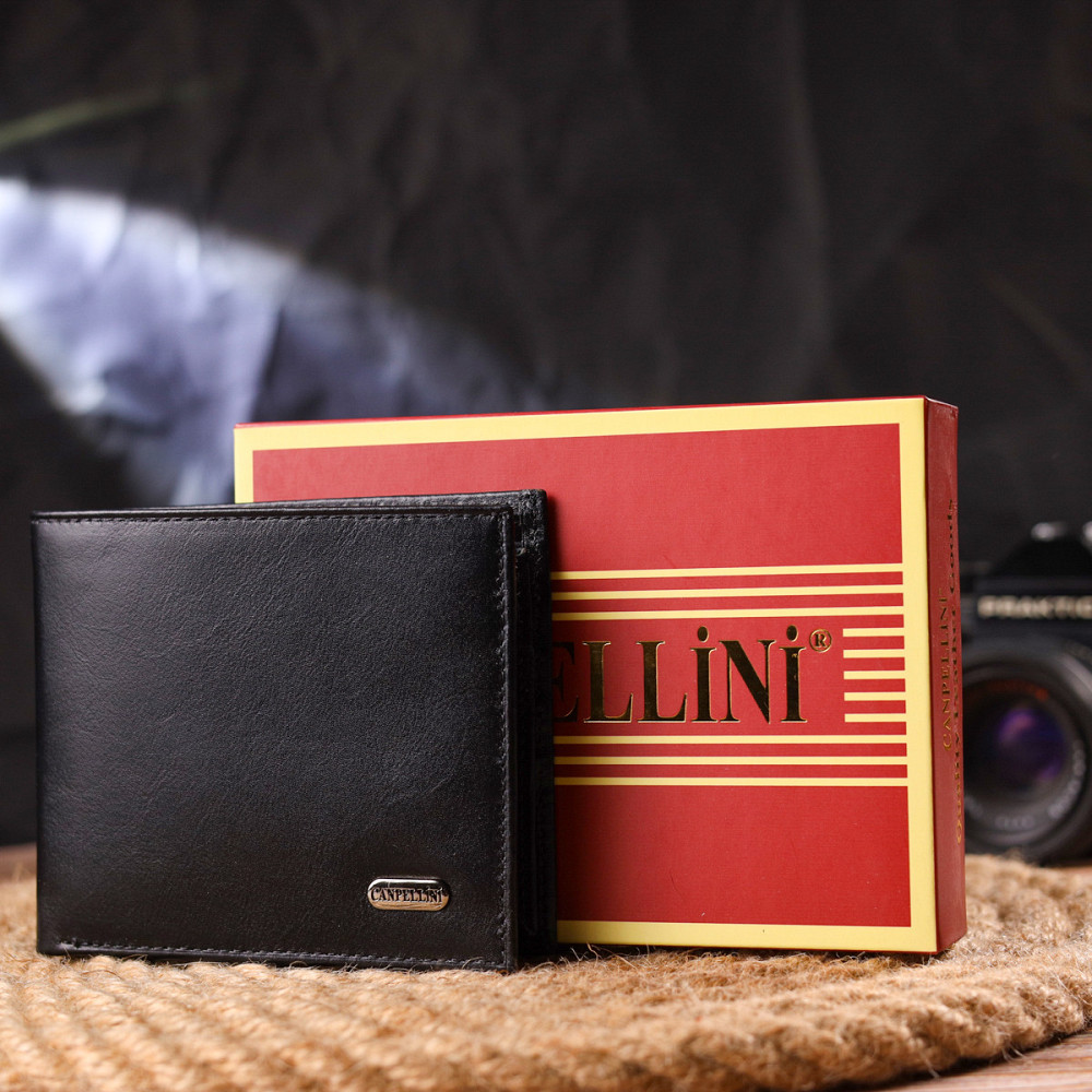 Качественный кошелек для мужчин в два сложения из натуральной гладкой кожи CANPELLINI 21579 Черный Киев - изображение 1