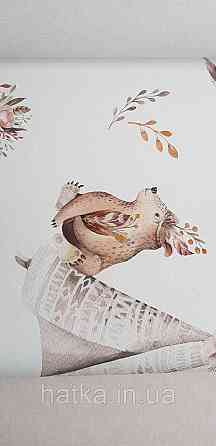 Шпалери флізелінові еко Rasch Kids World II 0.53х10 дитячі ведмедики косулі квіти намету бежеві на білому Київ