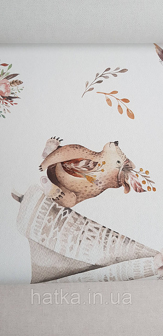 Шпалери флізелінові еко Rasch Kids World II 0.53х10 дитячі ведмедики косулі квіти намету бежеві на білому Київ - фото 3