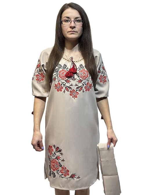 Вишита жіноча сукня із червоно-чорними трояндами в бежевому кольорі Київ - фото 2
