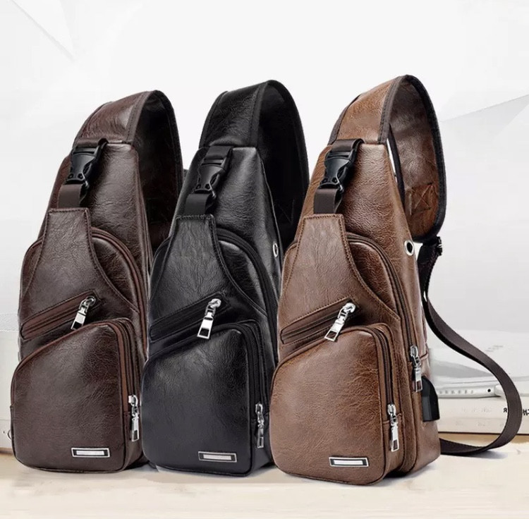 Сумка через плечо коричневая с USB  кабелем, размер 34*16*10см, 4 кармана, мужская сумка, женская сумка Киев - изображение 3