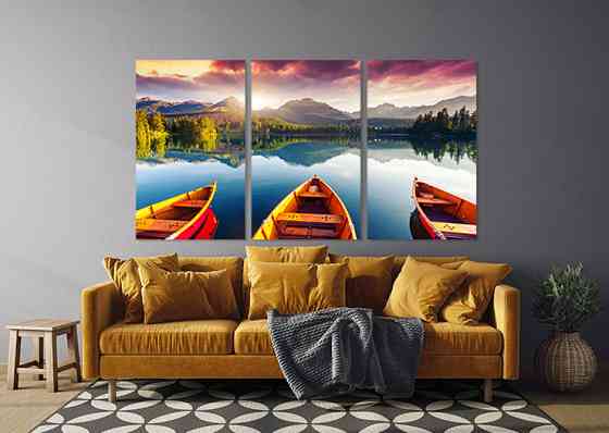 Модульная картина в гостиную / спальню   Гірське озеро з човнами      ART-306_3A 100х150 см Киев