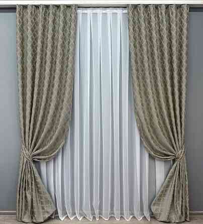 Комплект готовых штор VR-Textil Жаккард SAPFIR № 1755ш Серый с бежевым 150х300 см 2 шт (33-0711) Киев