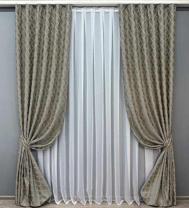 Комплект готовых штор VR-Textil Жаккард SAPFIR № 1755ш Серый с бежевым 150х300 см 2 шт (33-0711) Киев - изображение 2