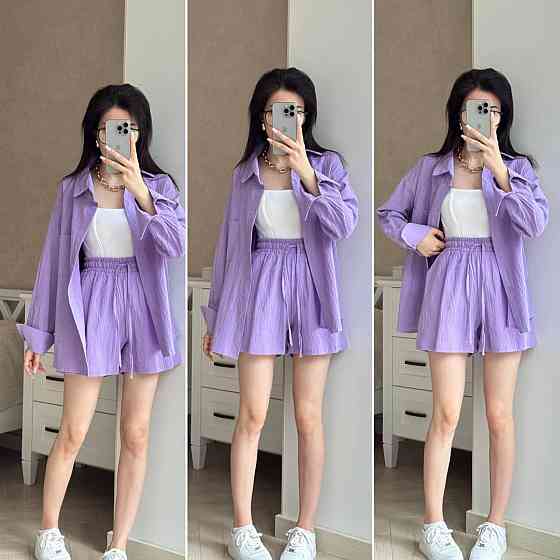 Жіночий літній костюм-двійка: сорочка та шорти турецький льон жатка Бузок, 46/48 Одеса