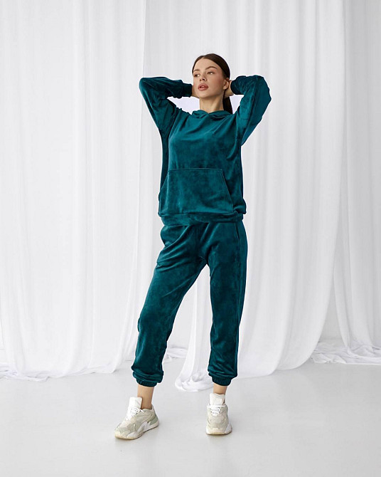 Жіночий велюровий костюм із капюшоном Смарагдовий XS Харків - фото 1