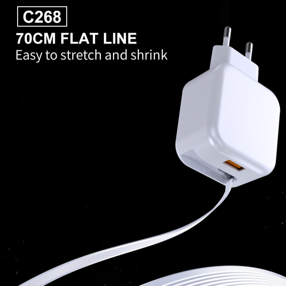 Мережевий зарядний пристрій з кабелем WUW-C268 12W fast charger USB A +retractable 70cm type c Cable Одеса - фото 6