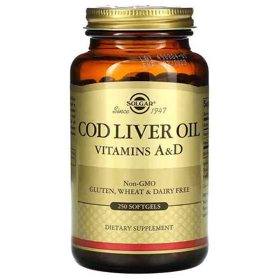 Вітаміни А і D з олії печінки тріски Solgar Cod Liver Oil Vitamins A & D — 250 капсул Київ