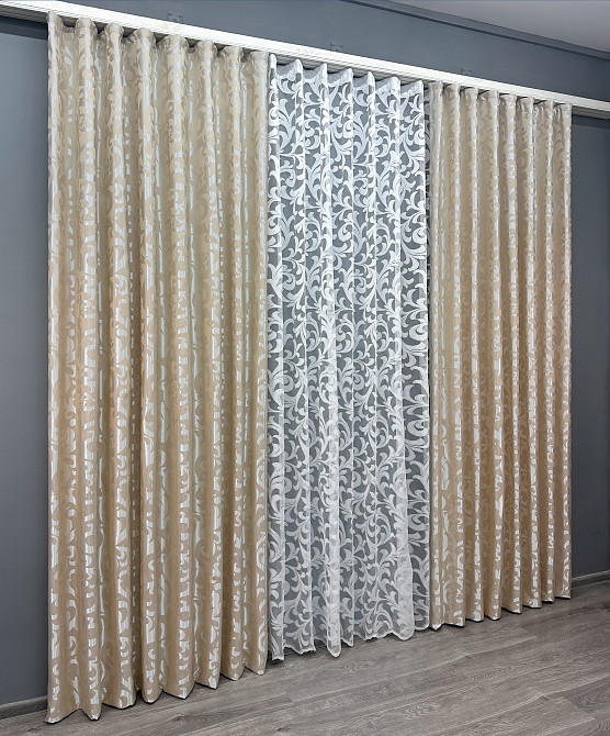 Комплект штор VR-Textil Жаккард Вензель 200х270 2шт и Тюль 600х270 416ш-1147т Бежевый с белым 71-100/7 Киев - изображение 3