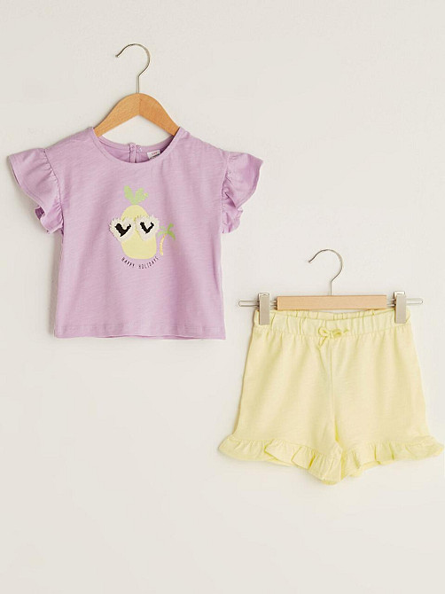 Дитячий Костюм Футболка (Бузкова) з 3Д принтом та Шорти(Жовті) для Дівчинки LC Waikiki 12-18міс (80-86см) Київ - фото 1