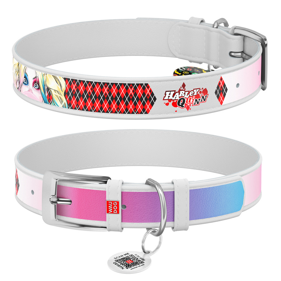 Нашийник для собак шкіряний WAUDOG Design з QR паспортом, малюнок "Харлі Квін", Ш 25 мм, Дов 38 Коломия - фото 1