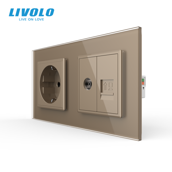 LIVOLO Розетка двомісна комбінована Силова Інтернет ТБ Livolo золото скло (VL-C7C1EU1V1C-13) Коломия