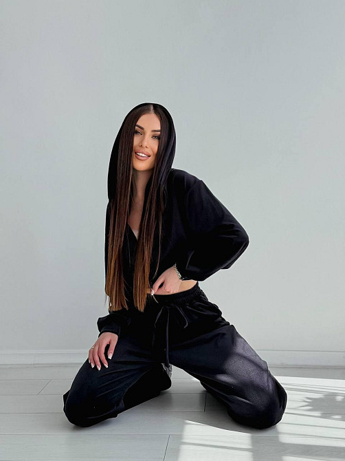 Женский стильный костюм двойка: кофта и штаны из плюш велюра Черный, 44/46 Одесса - изображение 4