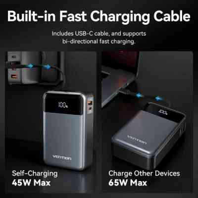 Батарея універсальна Vention 20000mAh 65W 3A PD, QC/3.0, USB-A, Type-C OUT, with Built-in USB-C Cable, LED Display (FHYB0) Вінниця