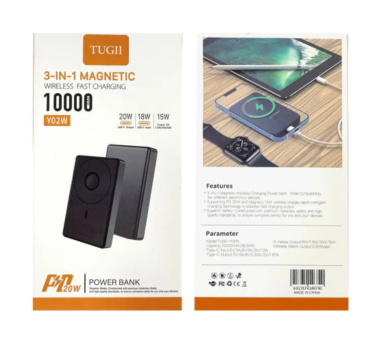 Power Bank TUGII Y02W 10000 мАг, PD 20Вт, QC 22.5Вт, MagSafe, 3 в 1, швидка зарядка Одеса