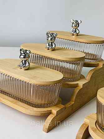 Набір для зберігання "Три ведмеді" скляна з бамбуковою кришкою та підставкою 350 мл Київ