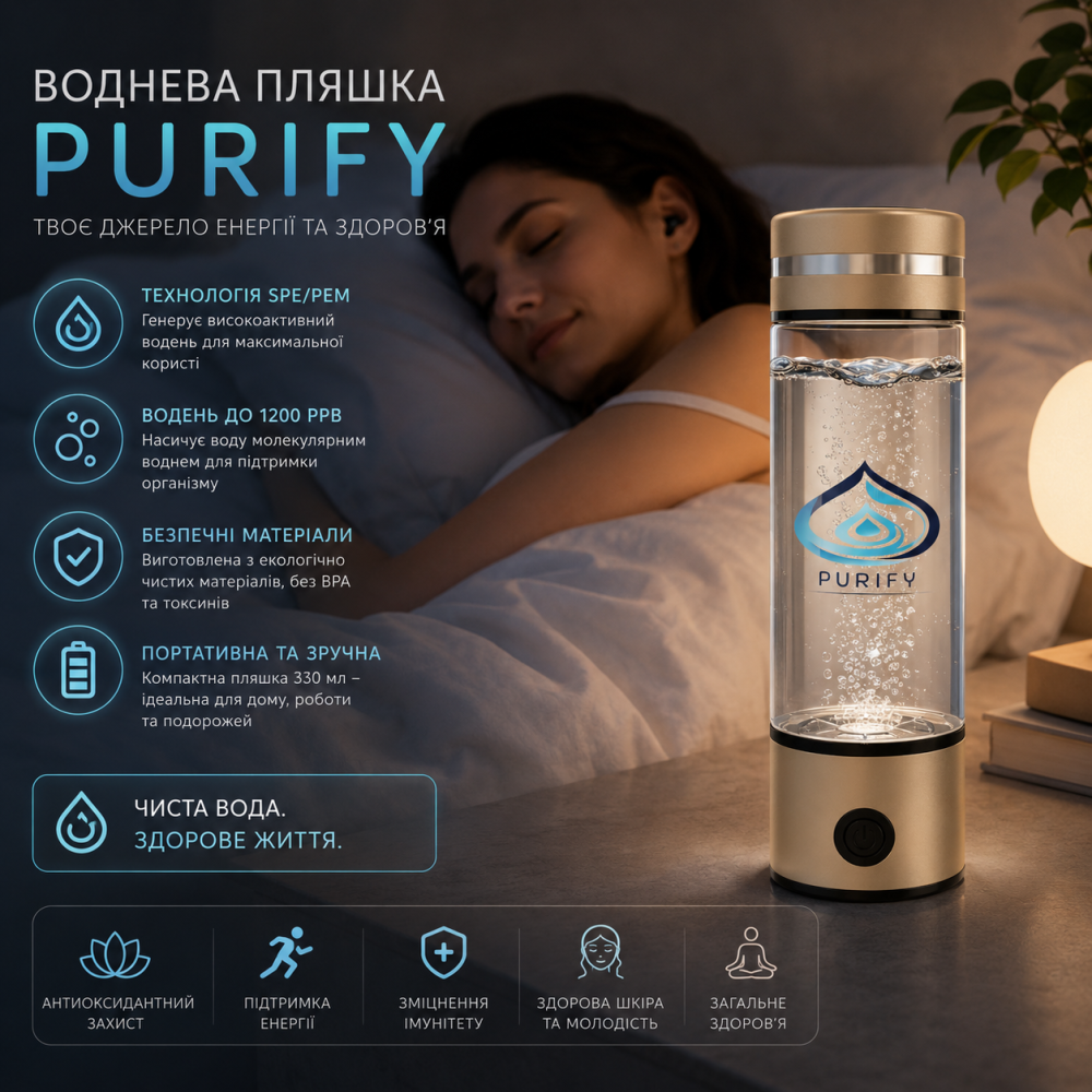 Воднева пляшка для води PURIFY Gold 330 мл — Портативний генератор водневої води з технологією SPE/PEM, Боросилікатне скло Київ - фото 1