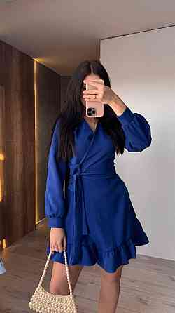 Женское романтическое платье на запах костюмка Синий Одесса